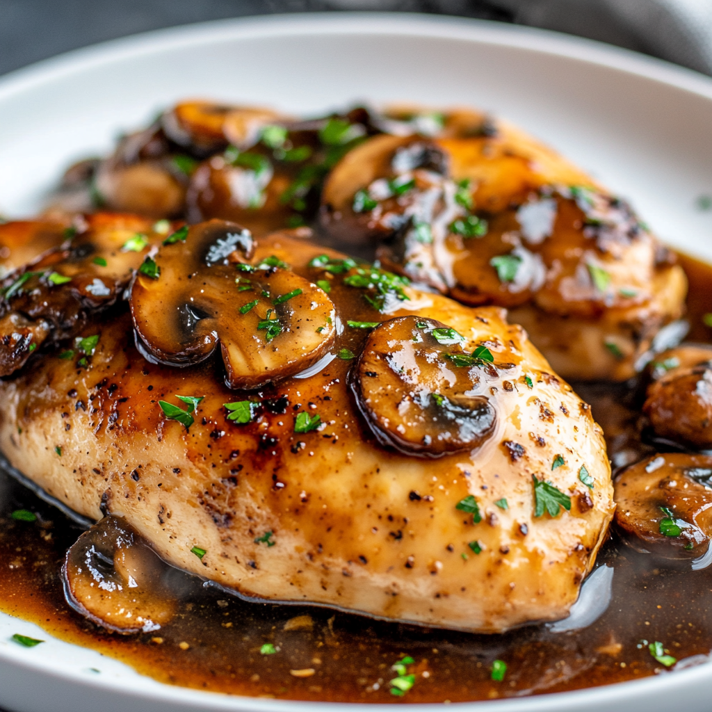 A full plate featuring Chicken Marsala served