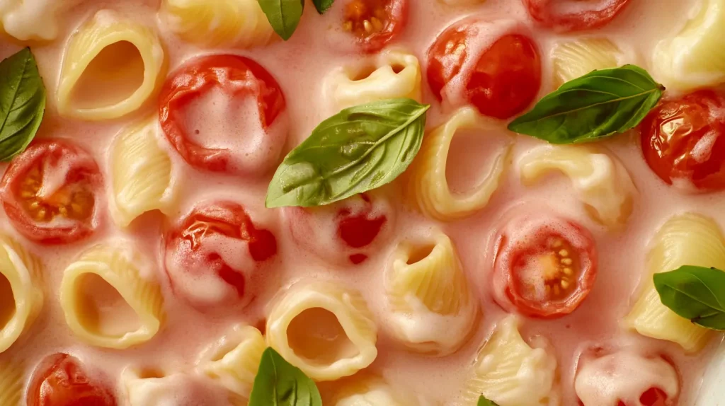 baked feta pasta in a white ceramic baking dish.