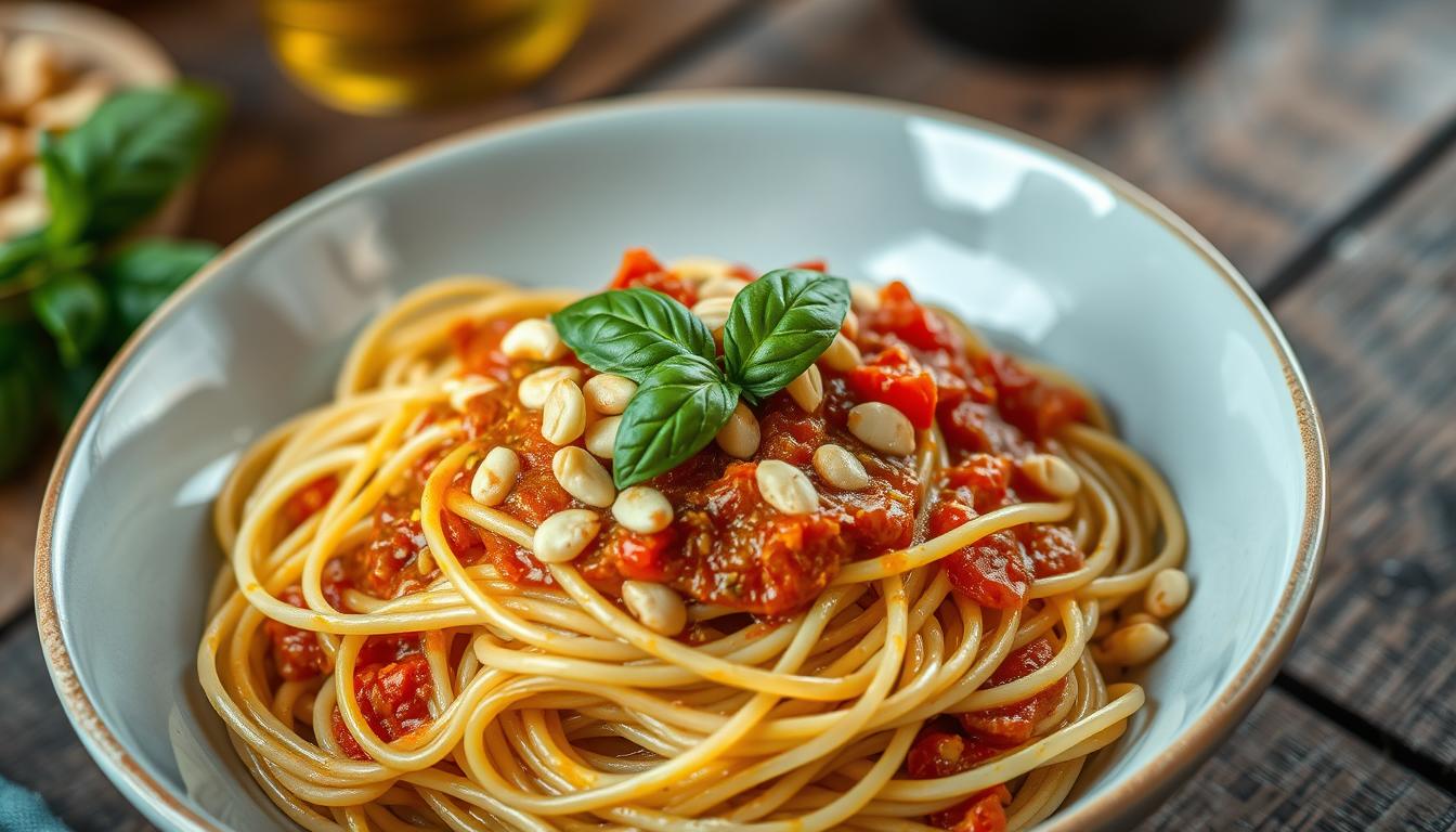pine nuts and spaghetti marinara