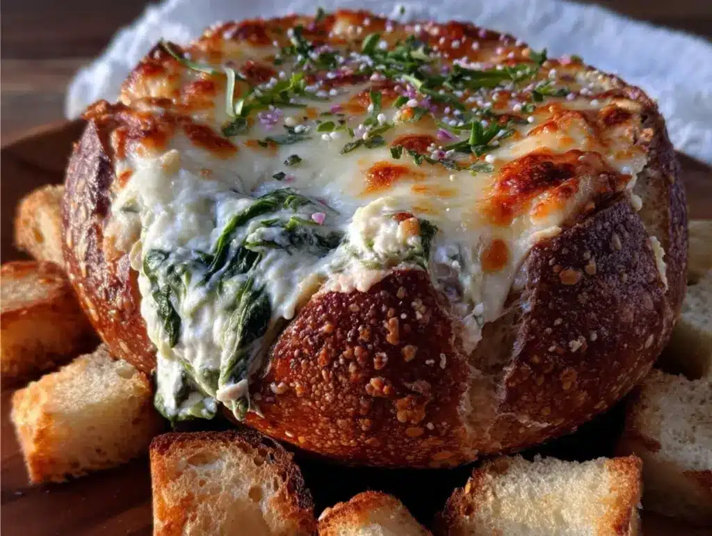 Creamy Spinach Artichoke Dip in Rustic Bread Bowl Easy Homemade Recipe
