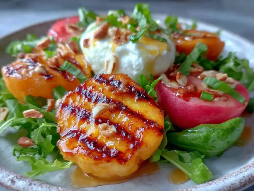fresh grilled peach and burrata salad - featured image