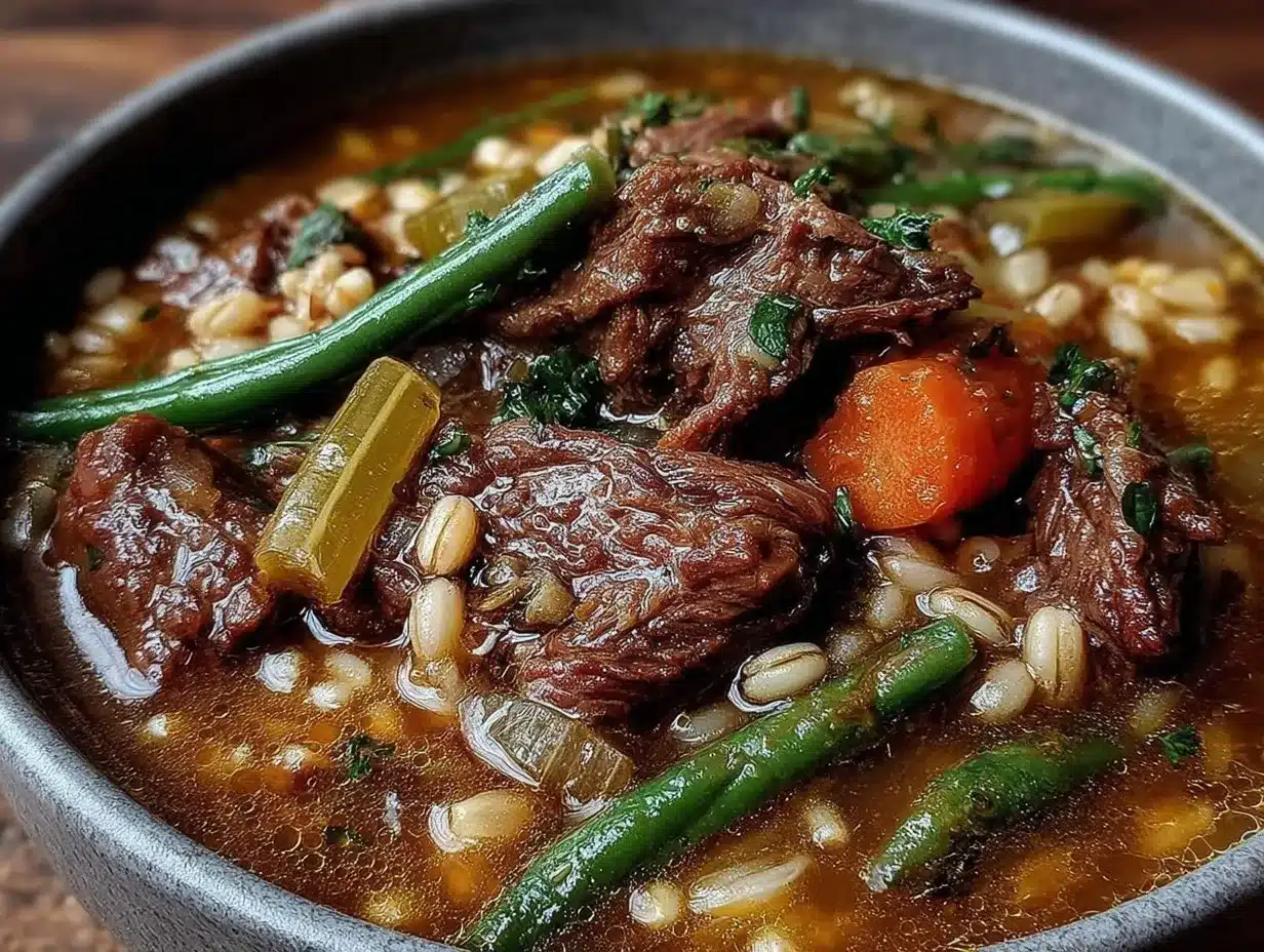 cozy crockpot vegetable beef soup with barley preparation steps