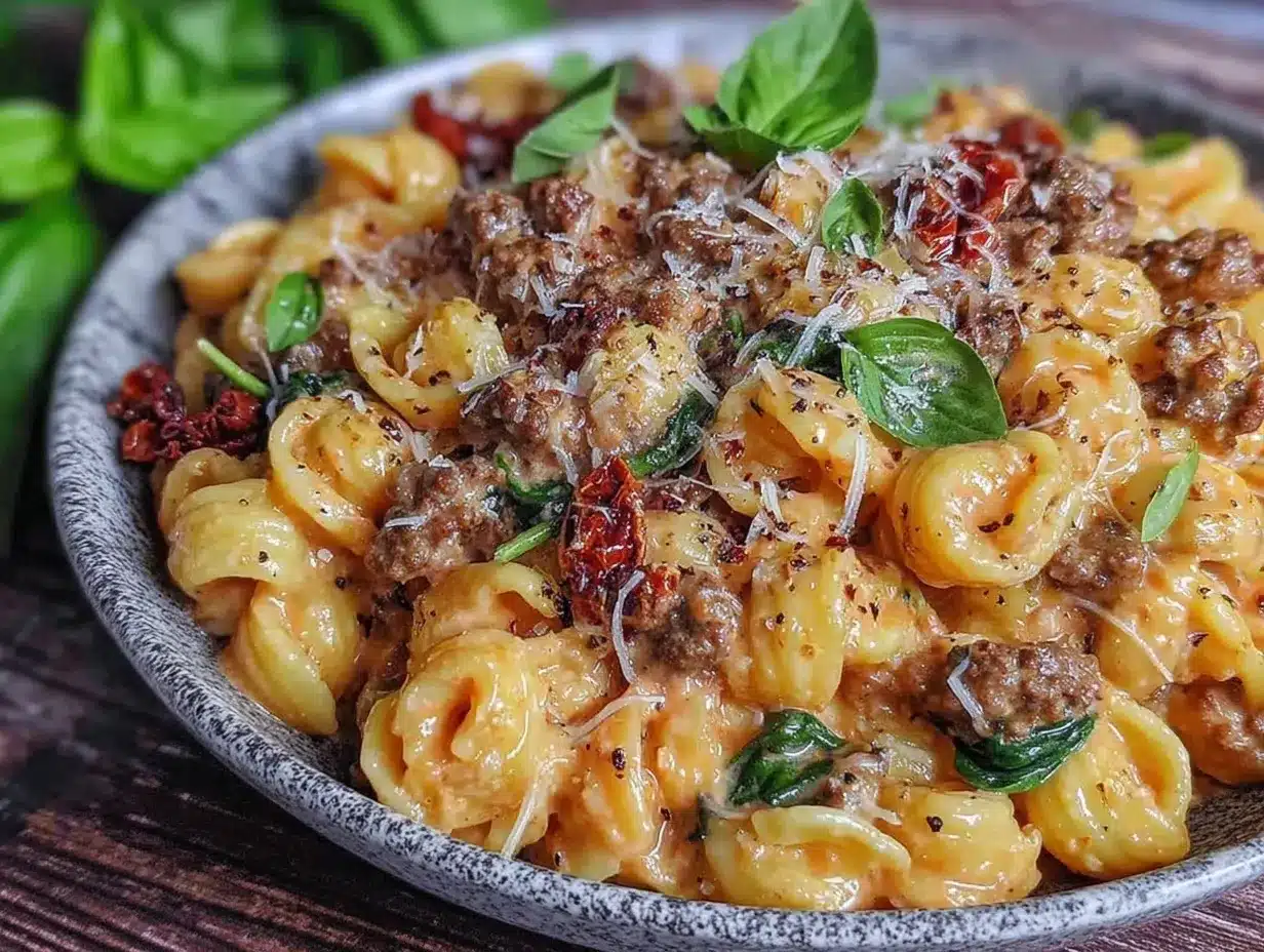 creamy one-pot Tuscan ground beef pasta preparation steps