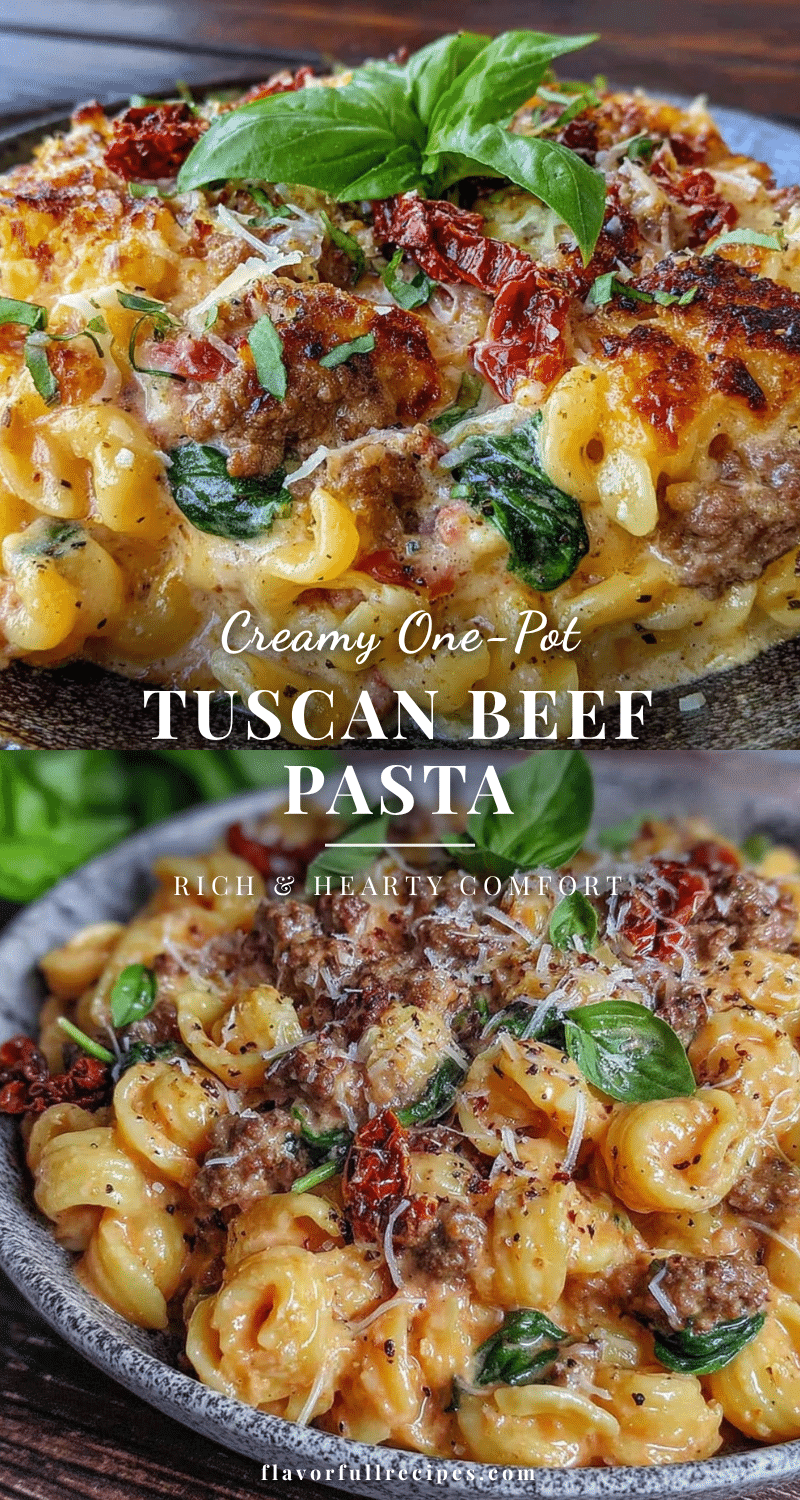 creamy one-pot Tuscan ground beef pasta recipe