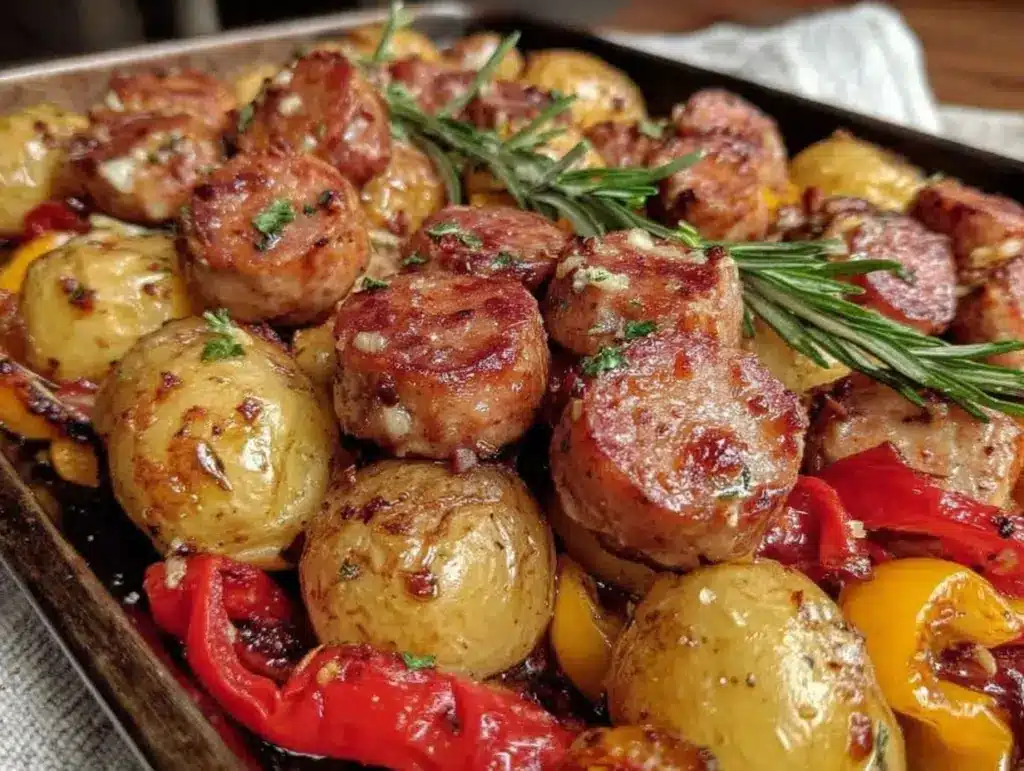 easy crispy sheet pan kielbasa sausage dinner - featured image