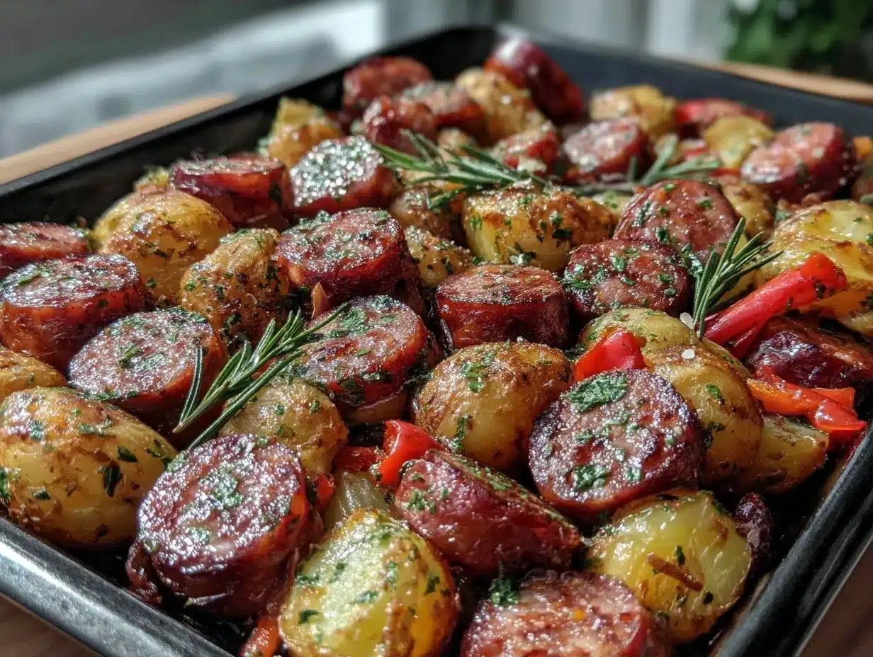 easy crispy sheet pan kielbasa sausage dinner preparation steps