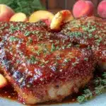 peach bourbon bbq glazed pork chops - featured image