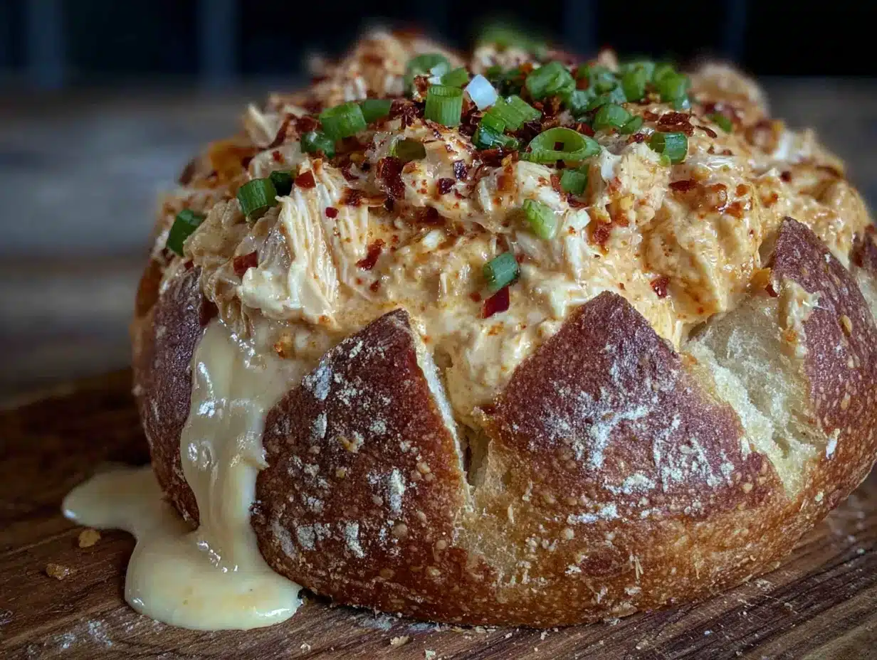 buffalo chicken dip stuffed bread bowl preparation steps