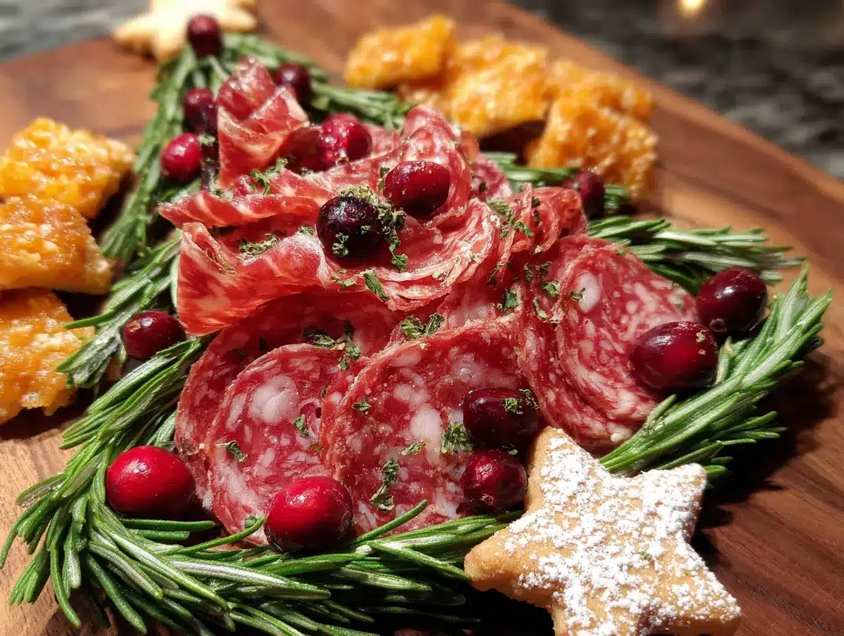 Christmas tree charcuterie board with herb wreath preparation steps