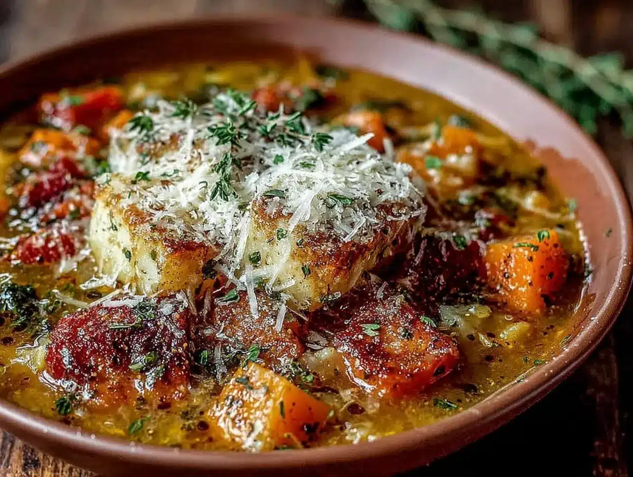 cozy autumn harvest vegetable soup with parmesan preparation steps