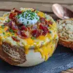 creamy crockpot potato soup with bacon and cheddar - featured image