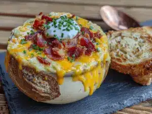 creamy crockpot potato soup with bacon and cheddar - featured image