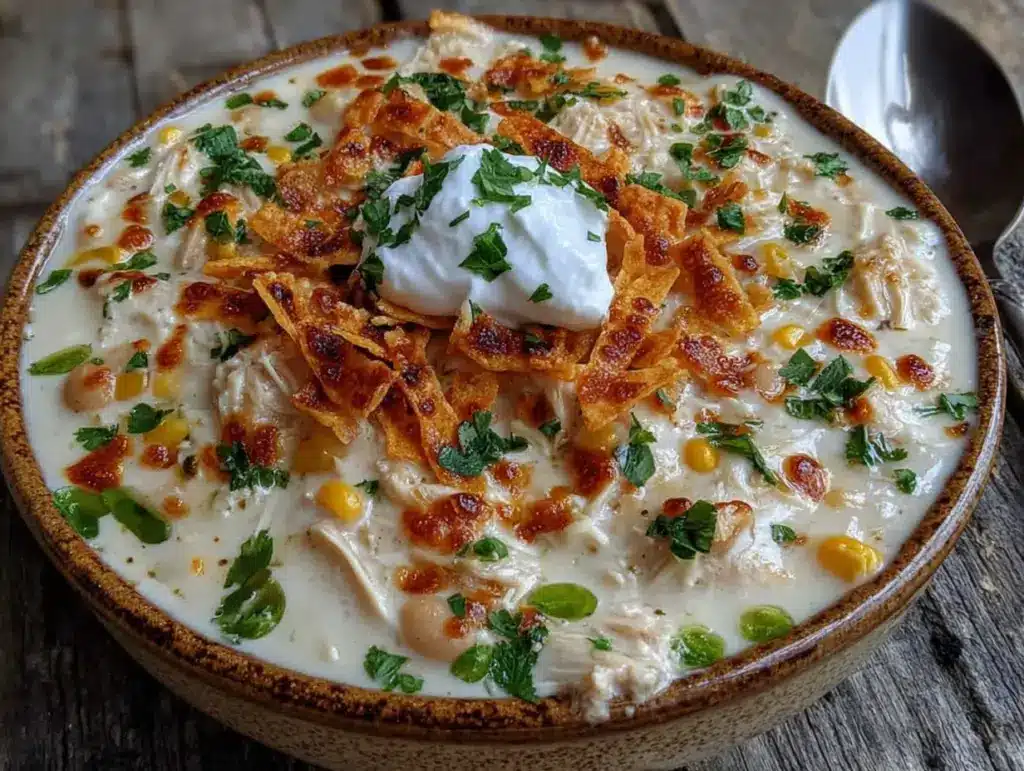 creamy crockpot white chicken chili with cream cheese - featured image
