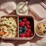 creamy pasta salad lunch box with berries - featured image