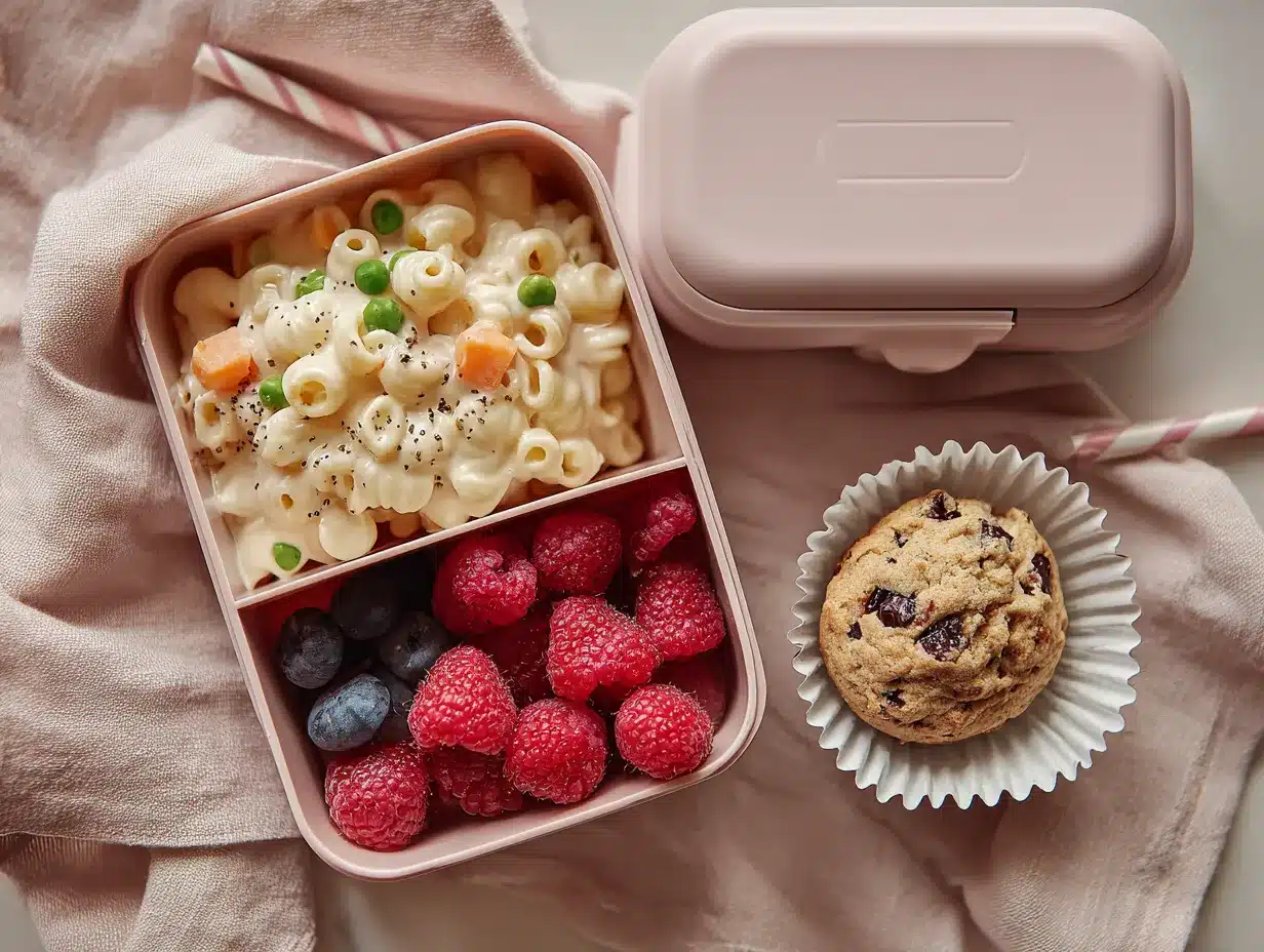 creamy pasta salad lunch box with berries preparation steps