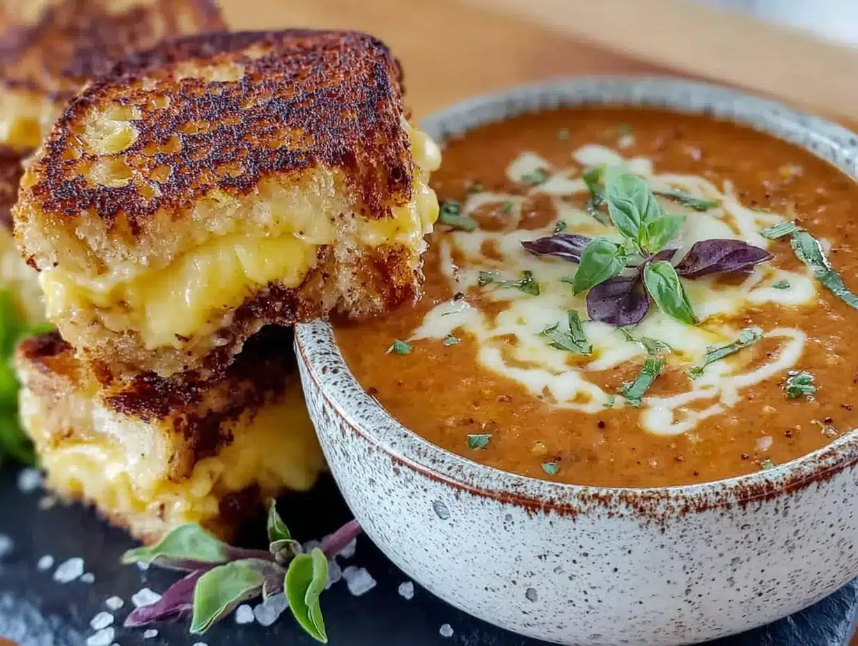 creamy tomato basil soup with grilled cheese croutons preparation steps