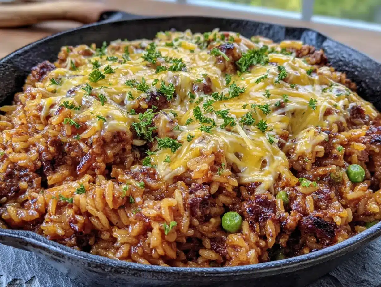 easy cheesy ground beef & rice skillet preparation steps