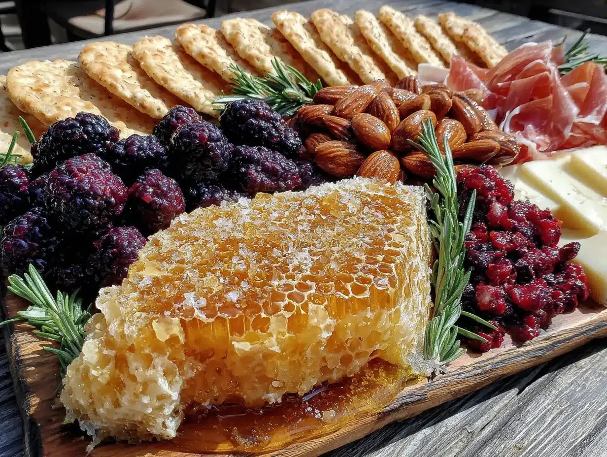 fall harvest charcuterie board with honeycomb preparation steps