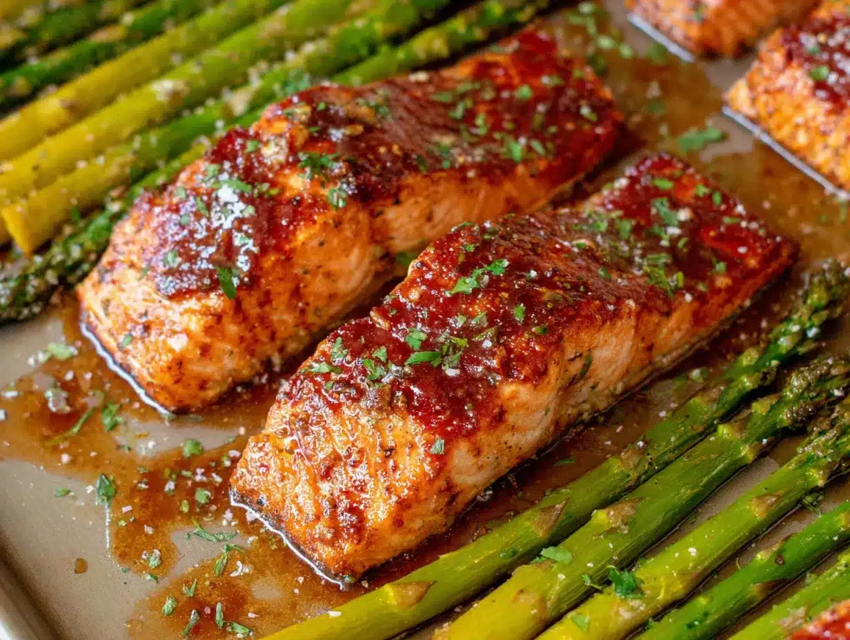 garlic butter salmon and asparagus sheet pan dinner preparation steps