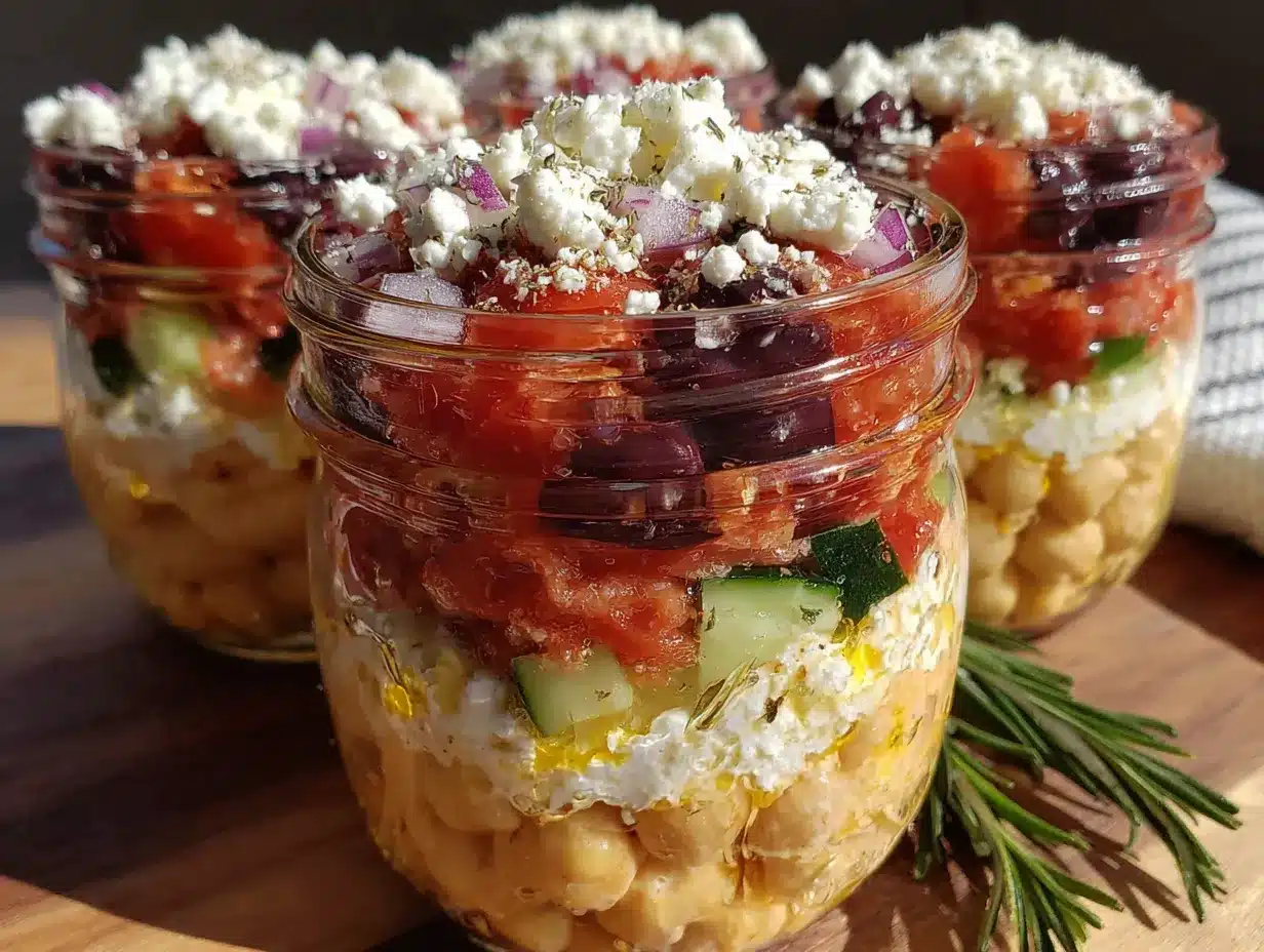 Greek chickpea salad jars preparation steps
