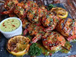 grilled garlic butter shrimp skewers - featured image