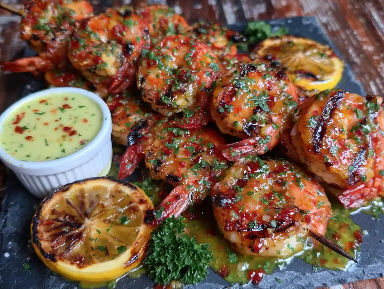 grilled garlic butter shrimp skewers - featured image