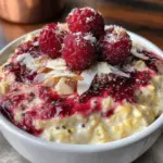 healthy high fiber overnight oats with raspberry swirl - featured image