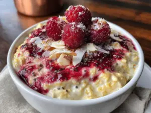healthy high fiber overnight oats with raspberry swirl - featured image