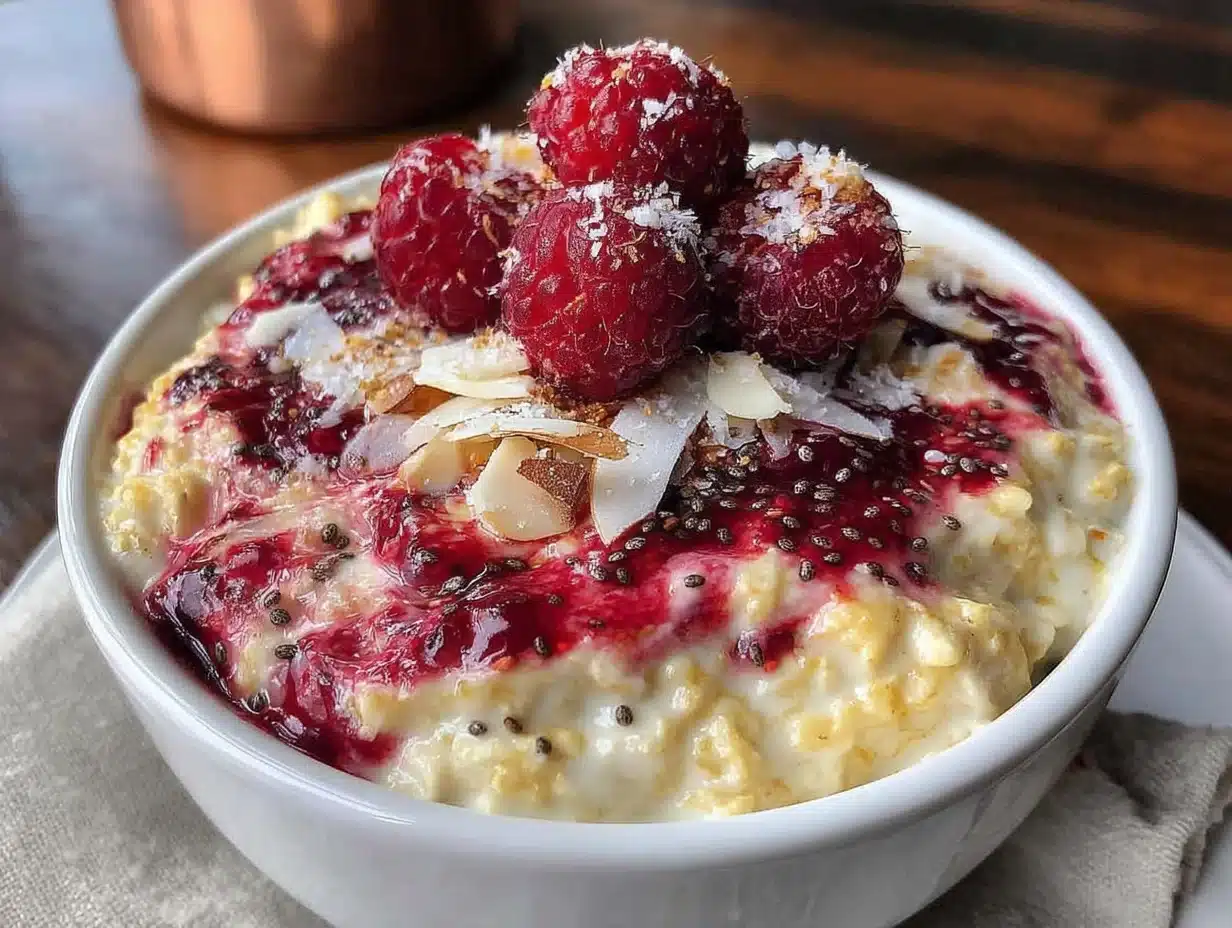healthy high fiber overnight oats with raspberry swirl - featured image