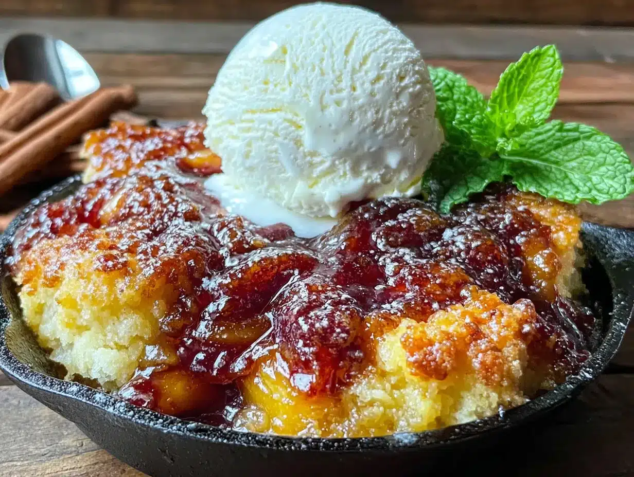 Homemade Skillet Peach Cobbler with Vanilla Ice Cream preparation steps