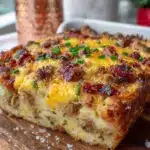 overnight breakfast casserole with sausage and hash browns - featured image
