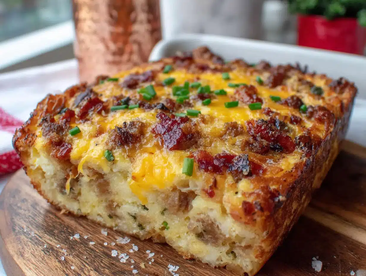 overnight breakfast casserole with sausage and hash browns - featured image