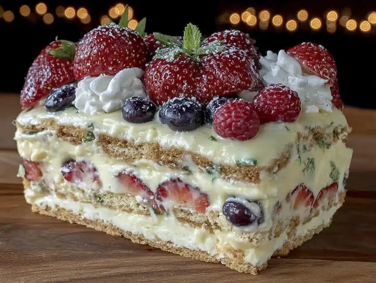 red white and blue berry icebox cake preparation steps