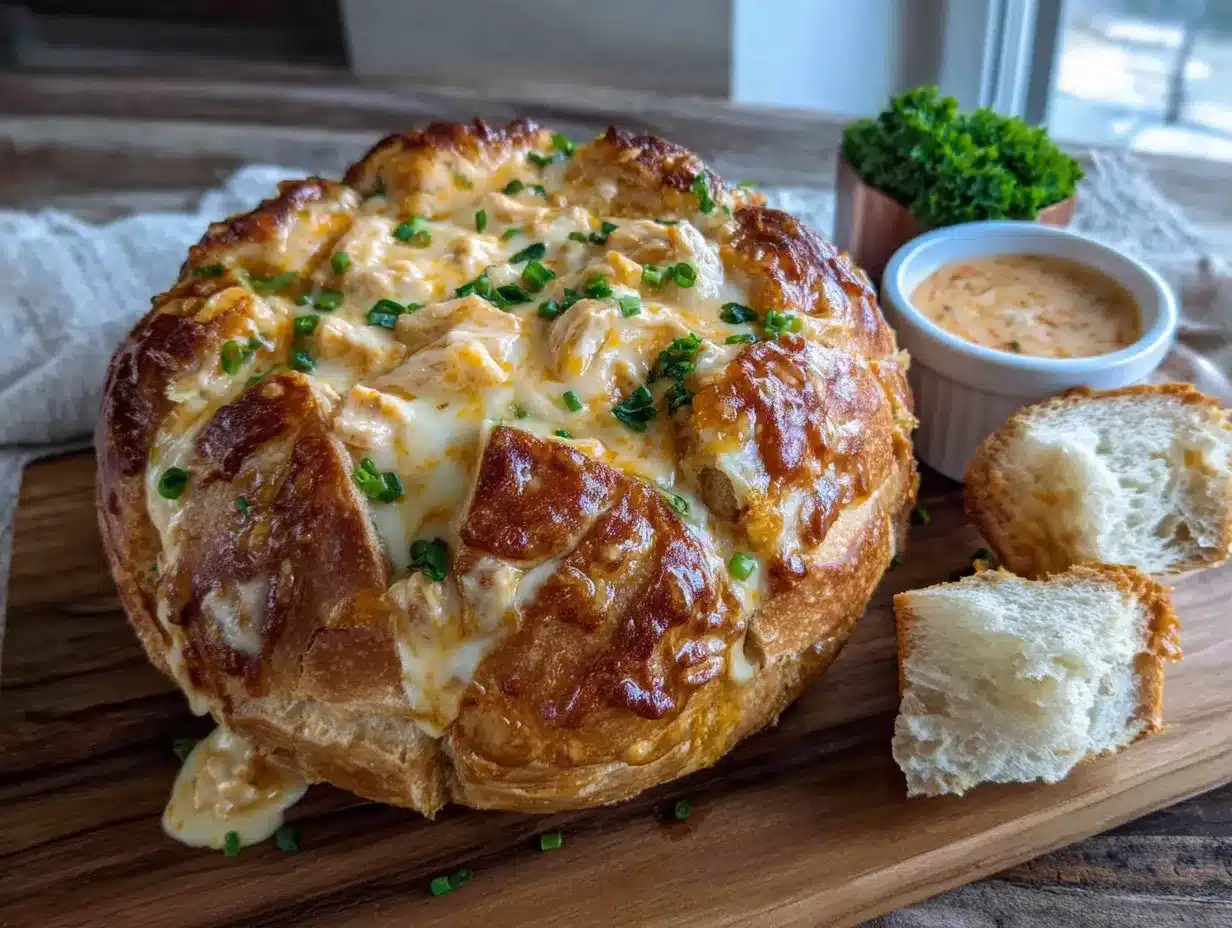 ultimate buffalo chicken dip stuffed bread bowl preparation steps
