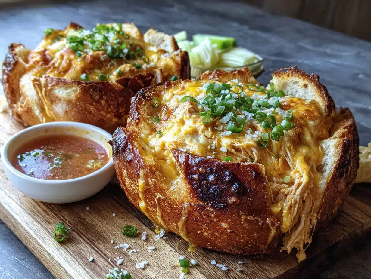 buffalo chicken dip stuffed garlic bread boat preparation steps