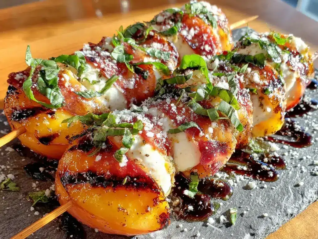 charred peach and burrata caprese skewers - featured image