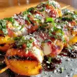 charred peach and burrata caprese skewers - featured image
