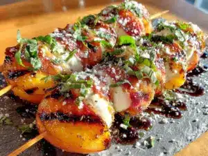 charred peach and burrata caprese skewers - featured image
