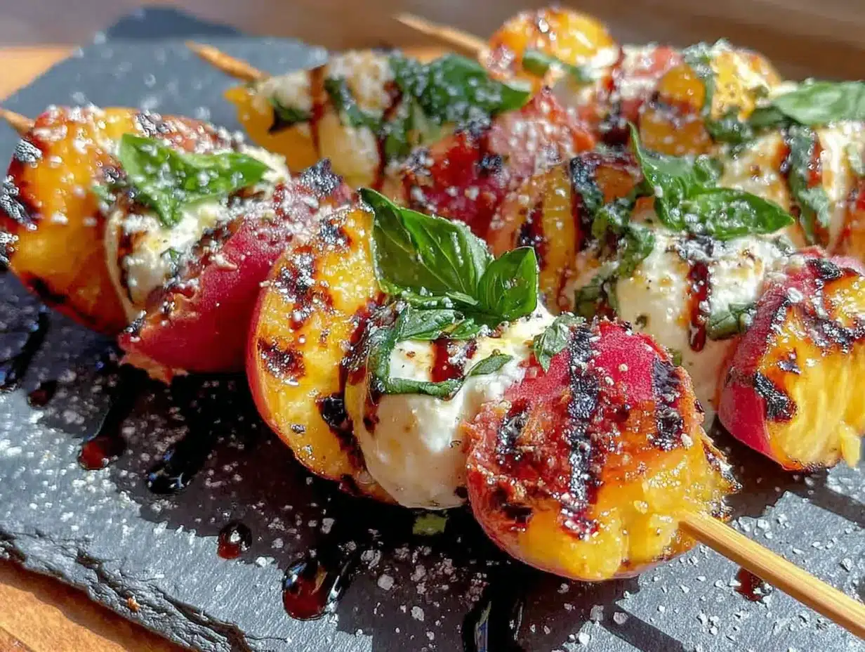charred peach and burrata caprese skewers preparation steps