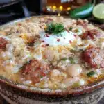 creamy one-pot white chicken chili with sausage - featured image