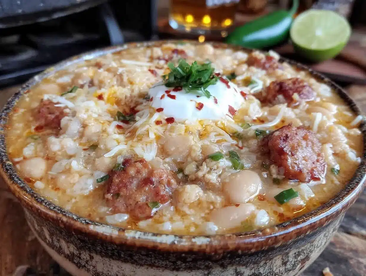 creamy one-pot white chicken chili with sausage - featured image