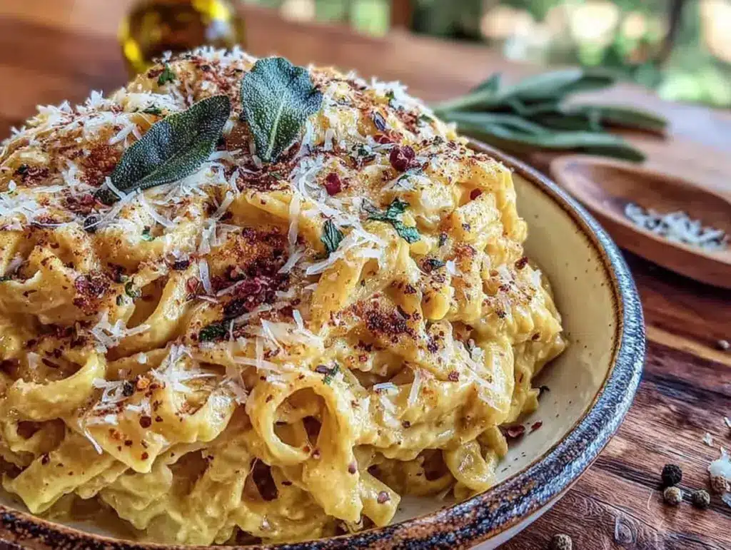creamy pumpkin alfredo pasta with crispy sage - featured image