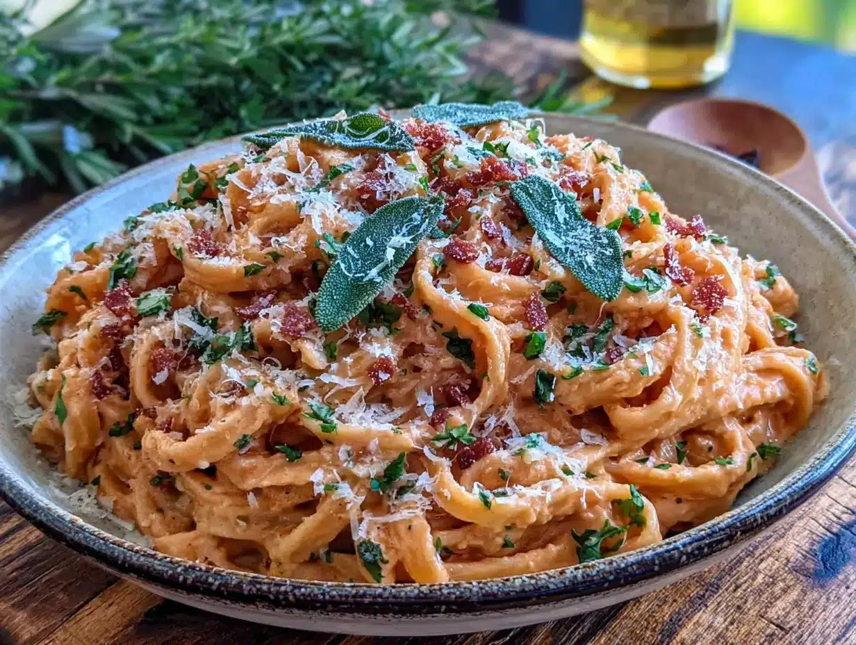 creamy pumpkin alfredo pasta with crispy sage preparation steps
