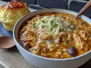creamy slow cooker cheesy ranch chicken chili - featured image
