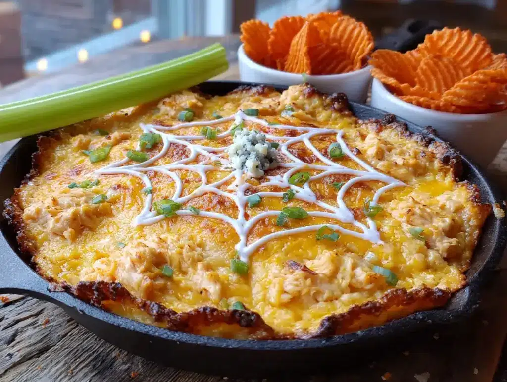 creamy spiderweb buffalo chicken dip - featured image