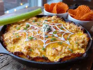 creamy spiderweb buffalo chicken dip - featured image