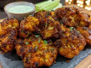 crispy baked buffalo cauliflower bites for tailgating - featured image