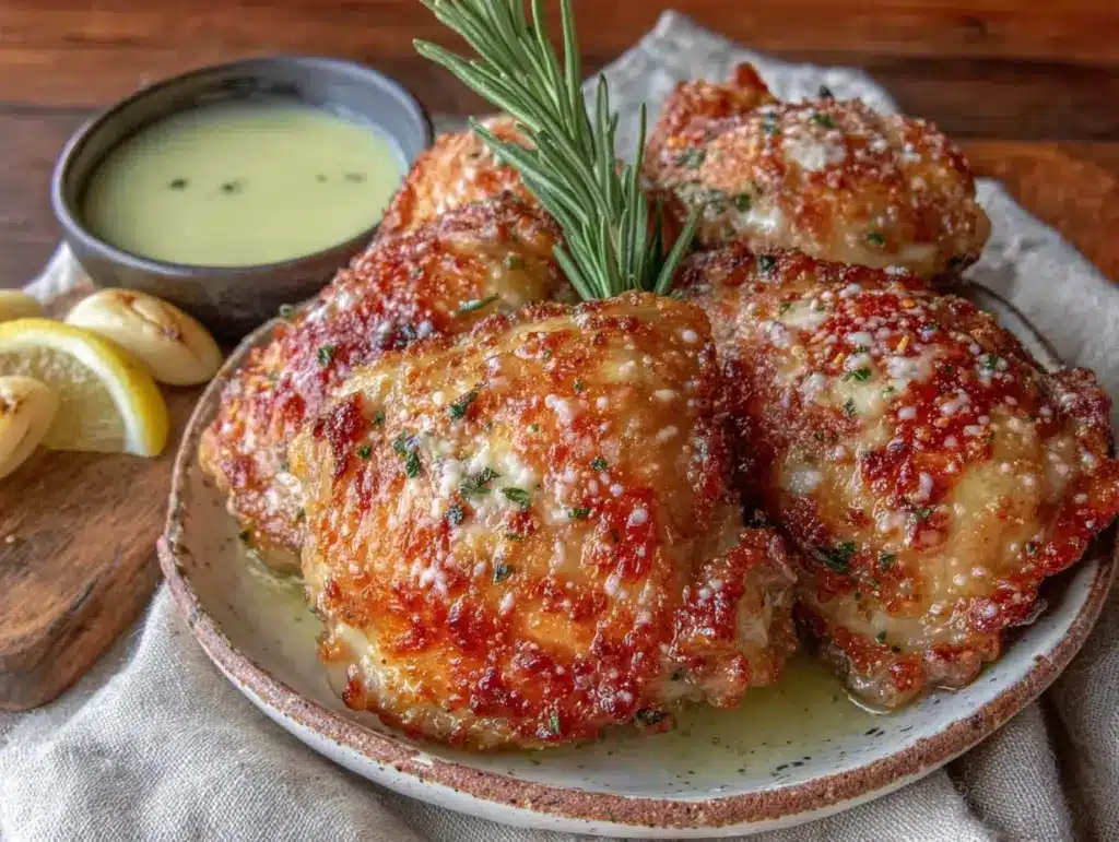 crispy garlic parmesan chicken thighs - featured image