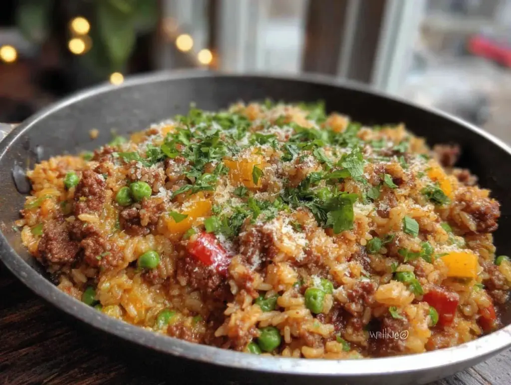 easy cheesy beef and rice skillet - featured image