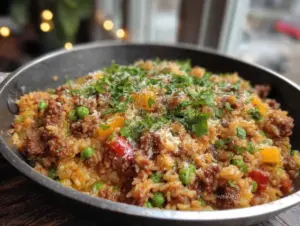 easy cheesy beef and rice skillet - featured image